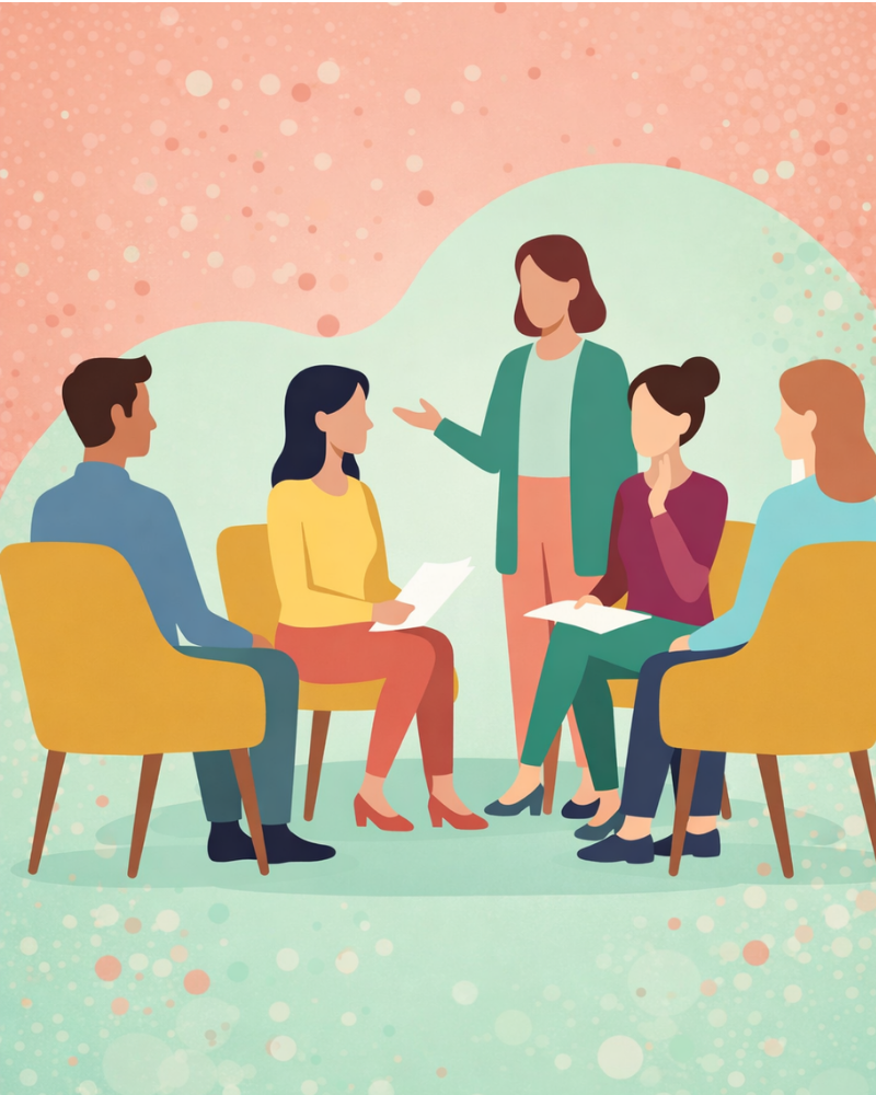 graphic of team of people at a mental health workshop at workplace