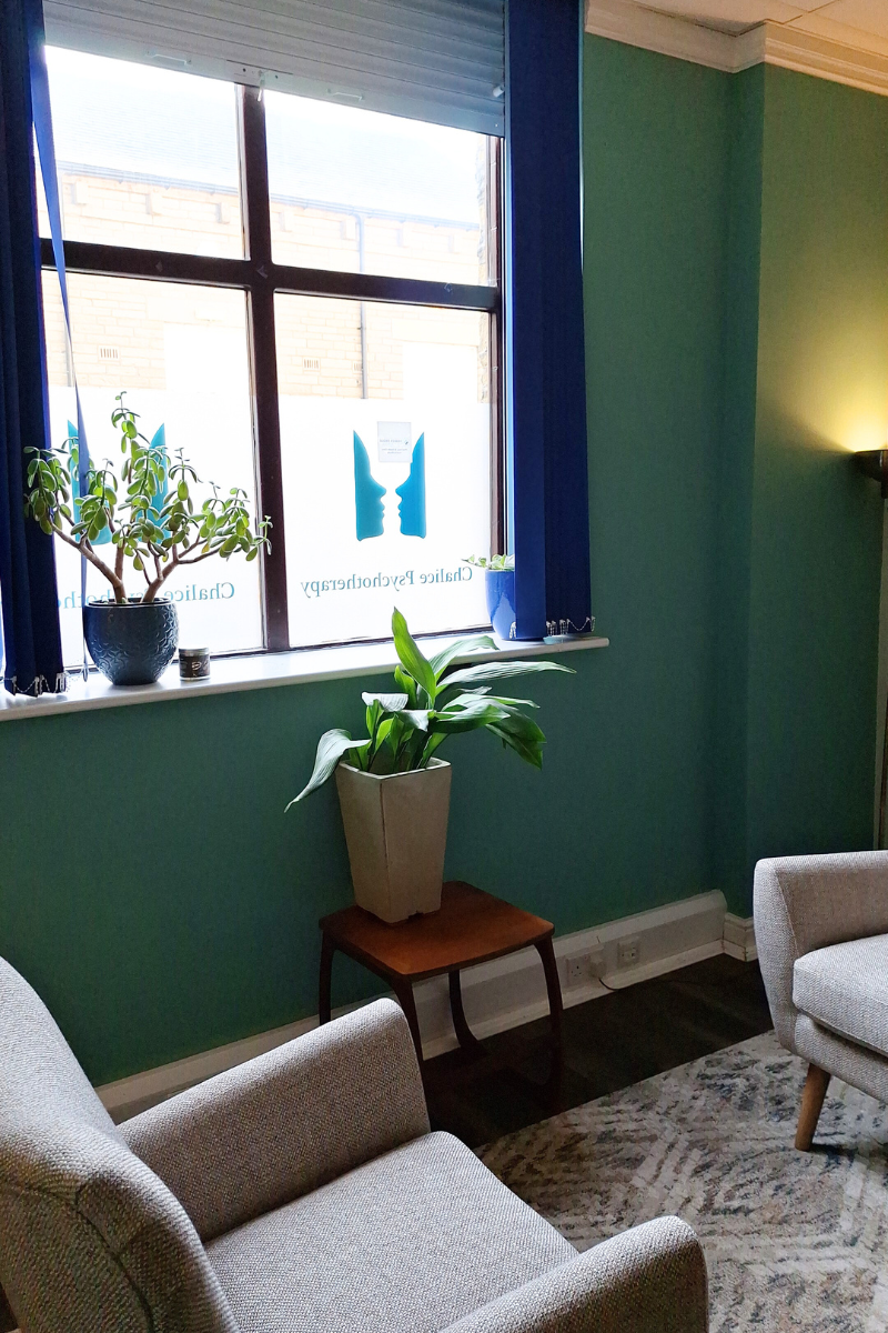 Chalice Psychotherapy therapy room in Hebdon Bridge showing two welcoming sofas in a safe place